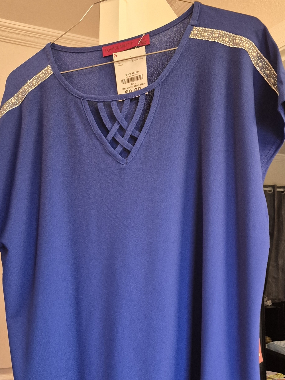 Cobalt Blue Short Sleeve Top with Rhinestone Shoulder Trim new with tags